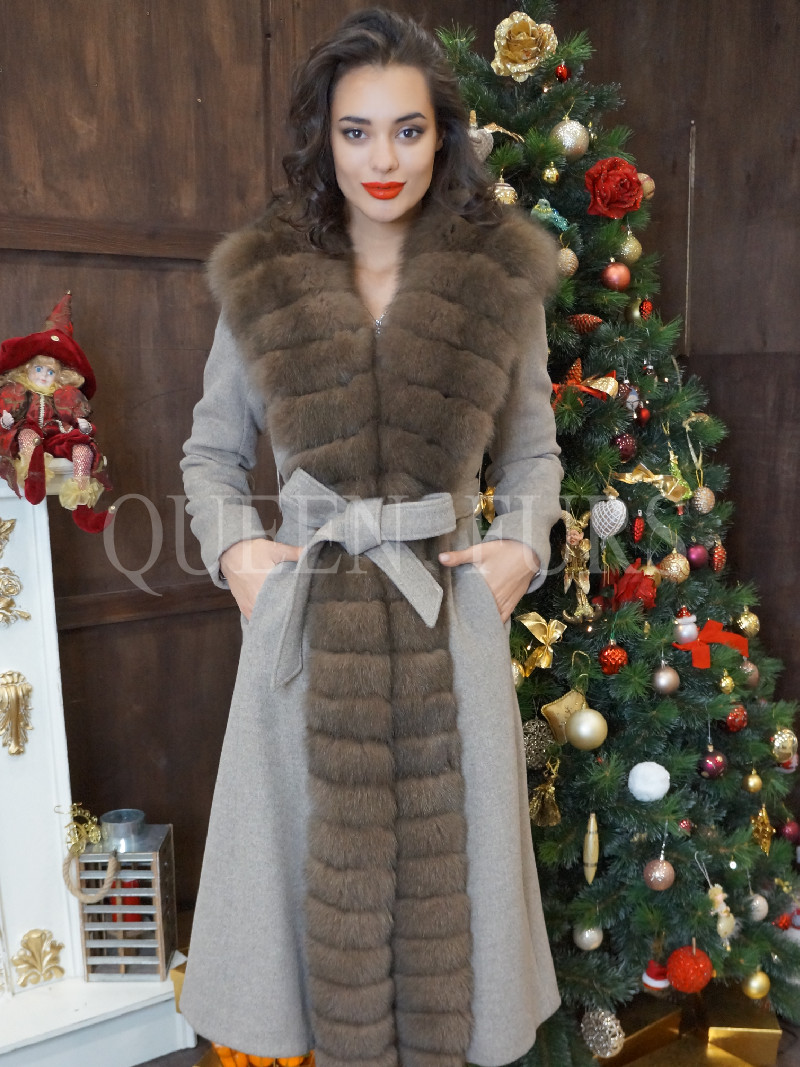Пальто с мехом песца бежевого цвета, 110 и 120 см, модель 015, размер 