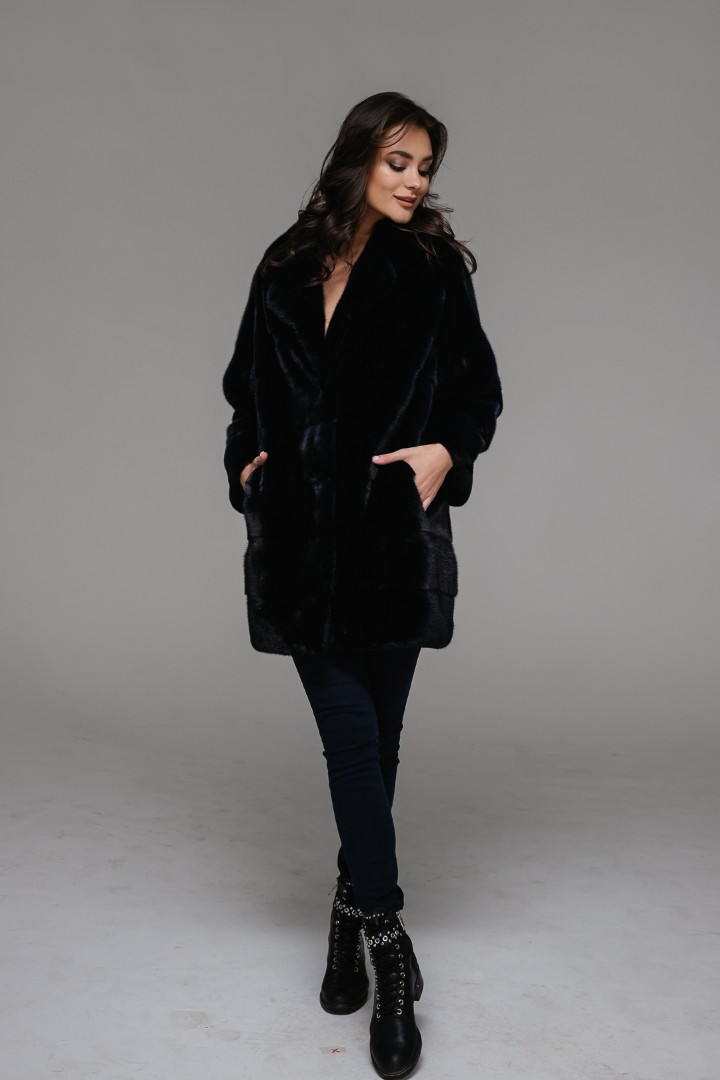 Модная норковая куртка (шуба) в свободном стиле и шикарном темно-синем цвете 75/80/85 см, модель НИ-05, цена, фото