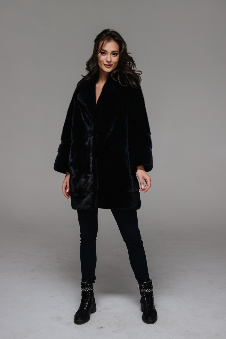 Модная норковая куртка (шуба) в свободном стиле и шикарном темно-синем цвете 75/80/85 см, модель НИ-05, цена, фото